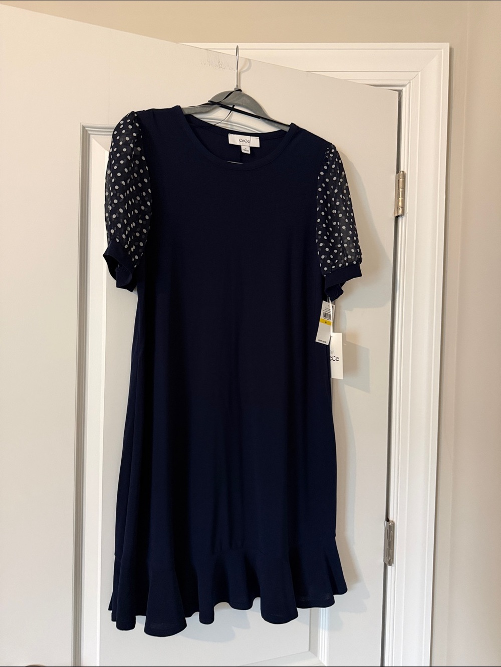 CeCe Navy Midi Dress with Sheer Polka Dot Sleeves